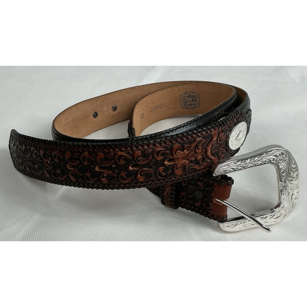Tony Lama Western Leather Belt Size 42 Black Brown Embossed Overlay Conchos